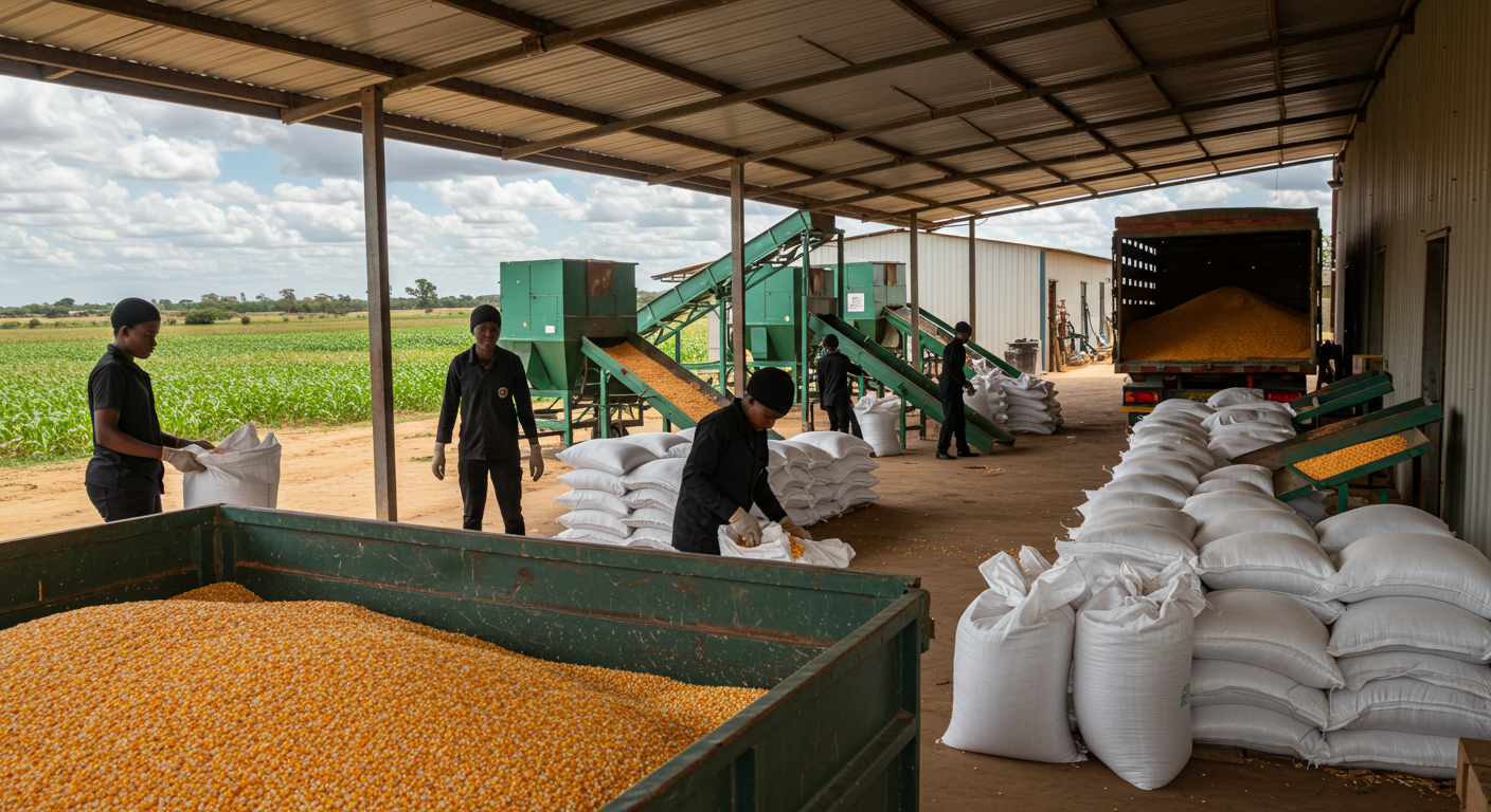 Young African apprentices engaged in various stages of the agricultural value chain including farming, livestock care, and food processing in rural Zambia