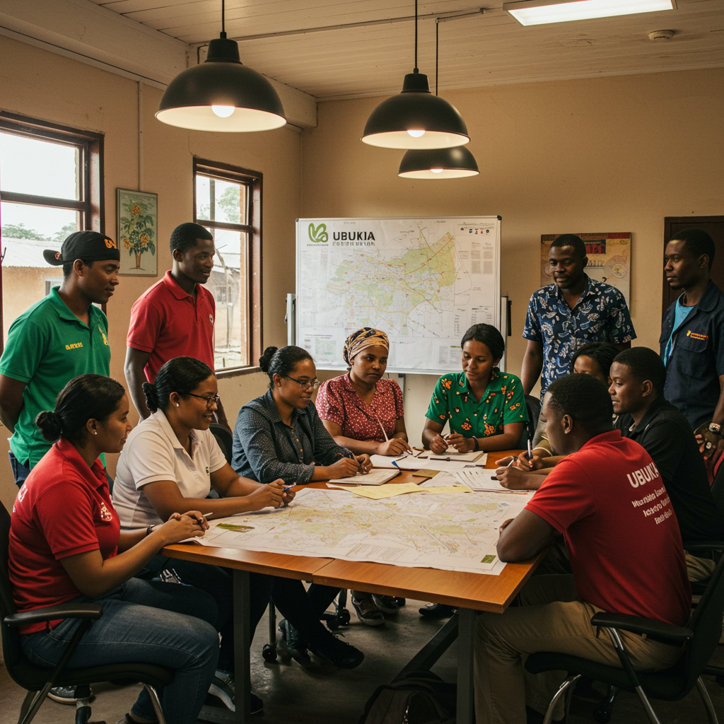 Ubukia Foundation team members, local leaders, schools, and families collaborating in a community meeting, discussing solutions and advocating for policies.
