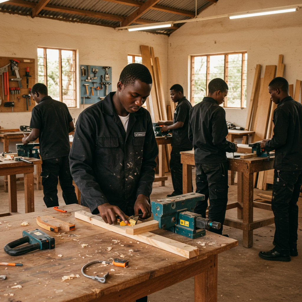 Young Zambians in plain work suits gaining hands-on vocational skills in tailoring, carpentry, welding, bricklaying, and digital literacy in a workshop.